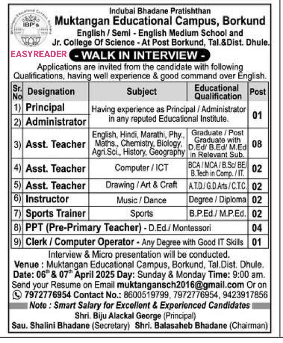 School Jobs at  Muktangan Educational Campus, Borkund ,  Dhule